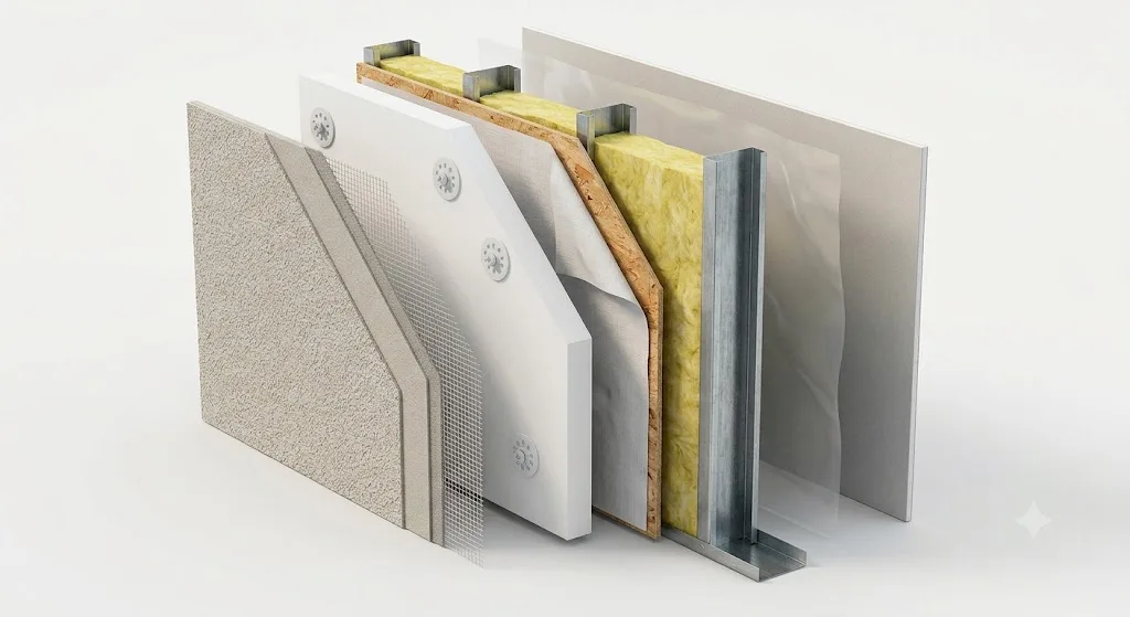 Detalle de capas del muro Steel Frame